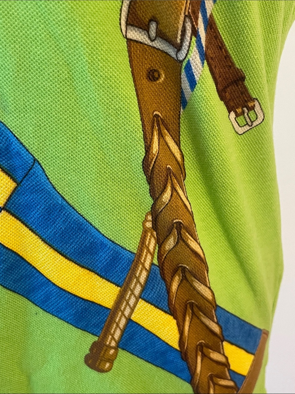 Vintage Polo Ralph Lauren Equestrian Polo Shirt Bridle Saddle Print Lime Green S - Picture 5 of 13